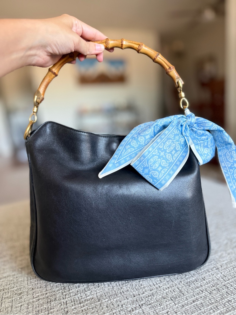 Gucci Leather Shoulder Bag with Bamboo Handle (unbranded Blue Scarf Accent)